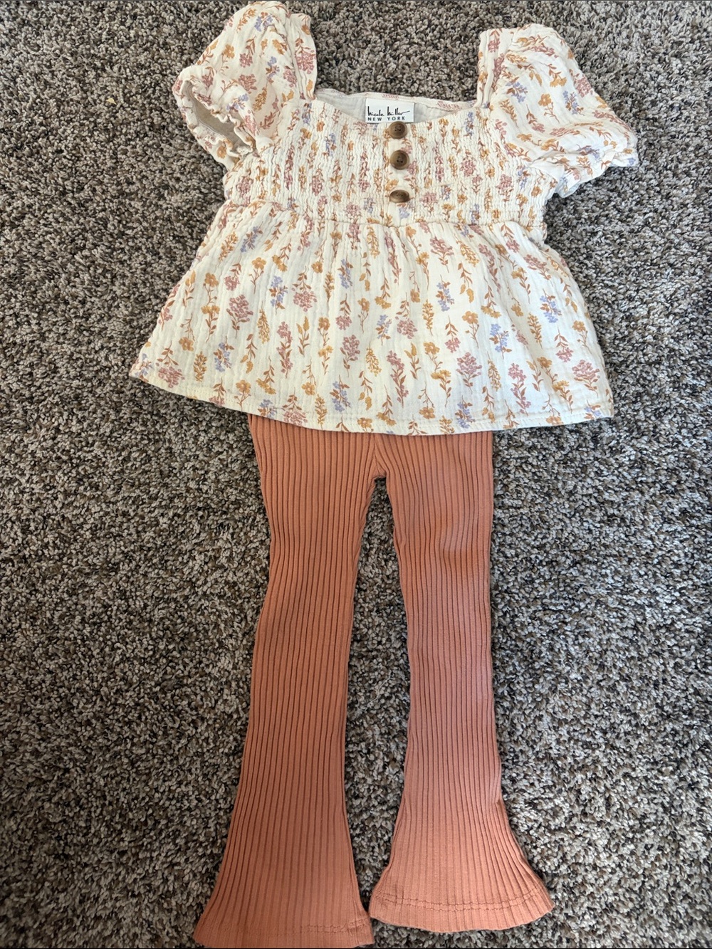 Nicole Miller Cream Floral Top with Rust Ribbed Flare Pants